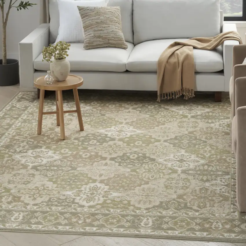 Green and Ivory Medallion Power Loom Distressed Area Rug Photo 5