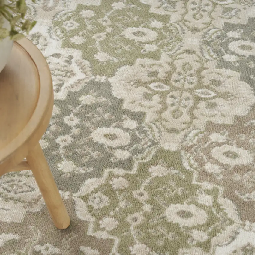 Green and Ivory Medallion Power Loom Distressed Area Rug Photo 9