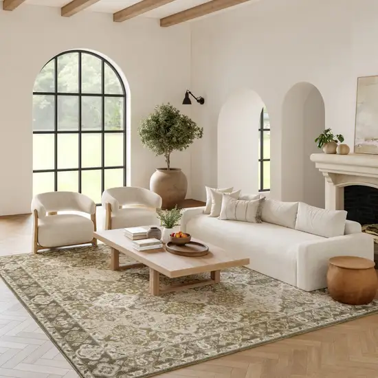 Green and Ivory Medallion Power Loom Distressed Area Rug Photo 4