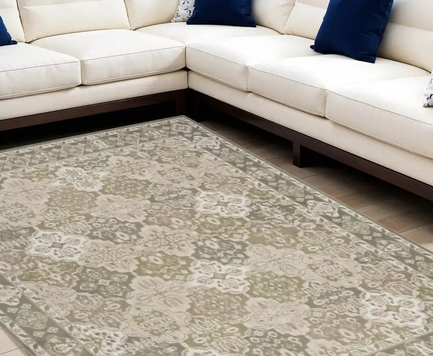 Green and Ivory Medallion Power Loom Distressed Area Rug Photo 1