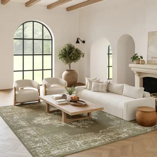 Green and Ivory Medallion Power Loom Distressed Area Rug Photo 3