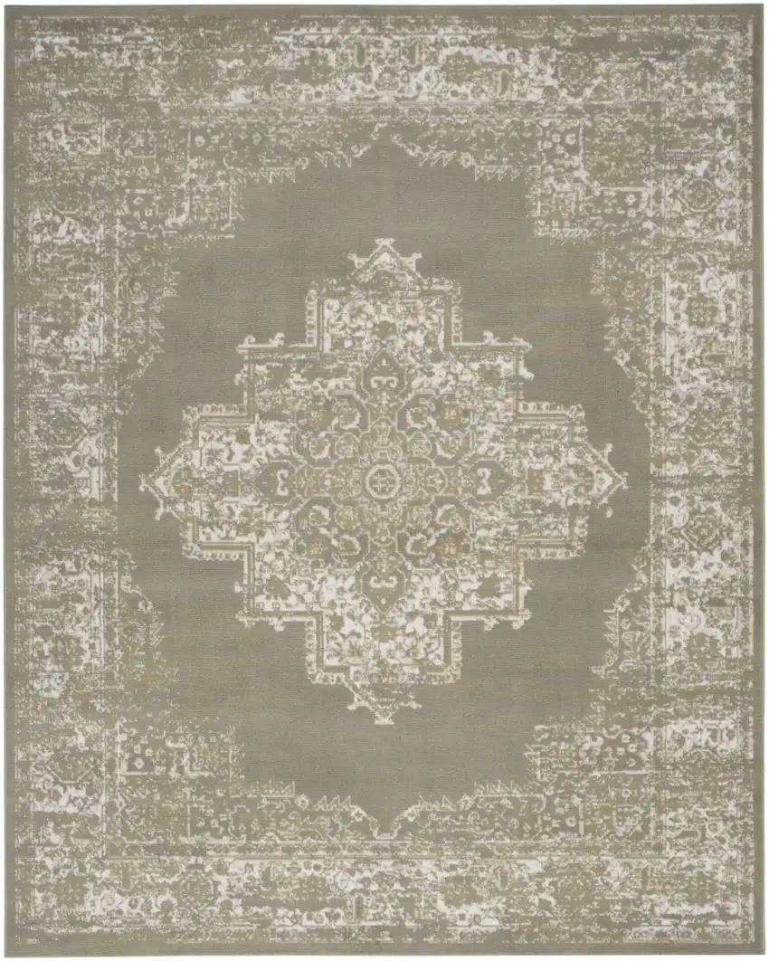 Green and Ivory Medallion Power Loom Distressed Area Rug Photo 2