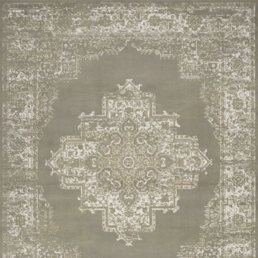 Green and Ivory Medallion Power Loom Distressed Area Rug Photo 7