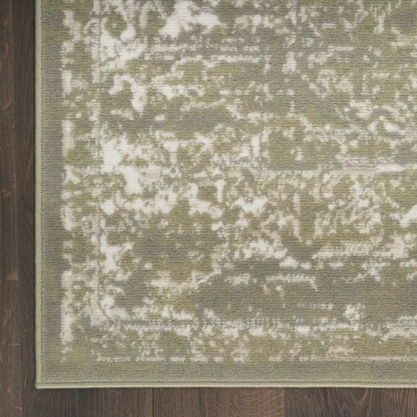 Green and Ivory Medallion Power Loom Distressed Area Rug Photo 9