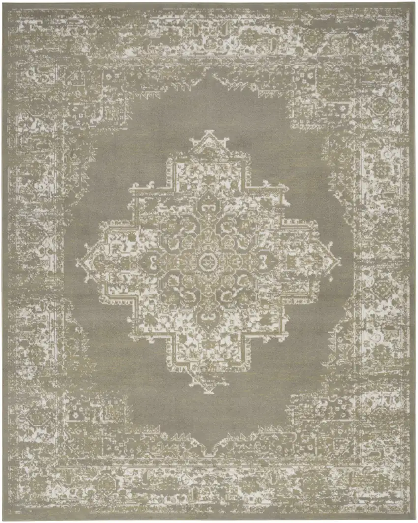 Green and Ivory Medallion Power Loom Distressed Area Rug Photo 9