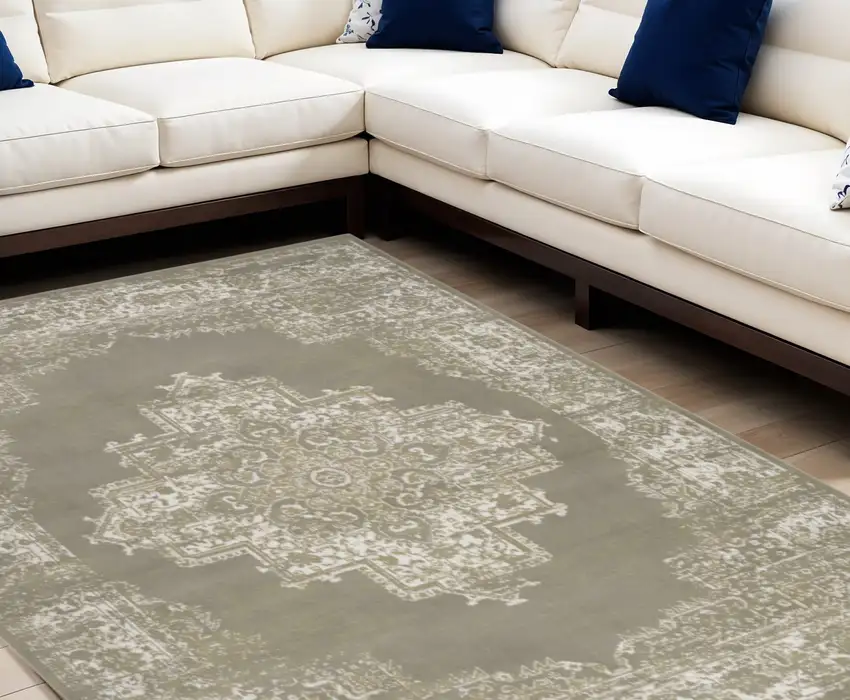 Green and Ivory Medallion Power Loom Distressed Area Rug Photo 1