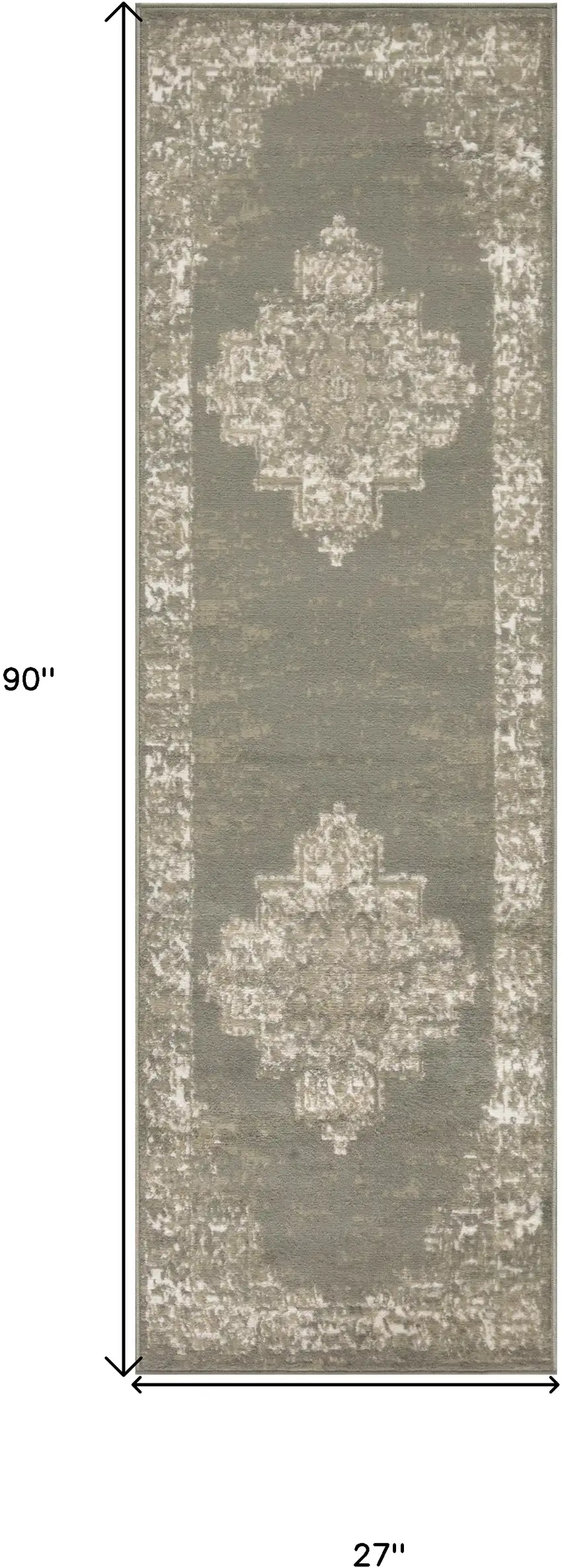 Green and Ivory Medallion Power Loom Distressed Runner Rug Photo 3