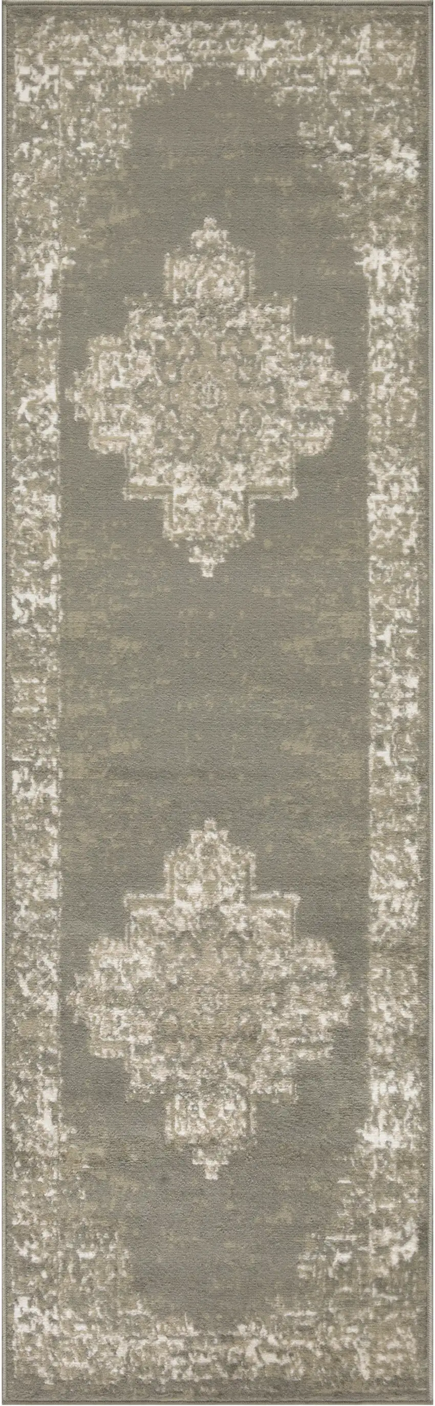 Green and Ivory Medallion Power Loom Distressed Runner Rug Photo 2