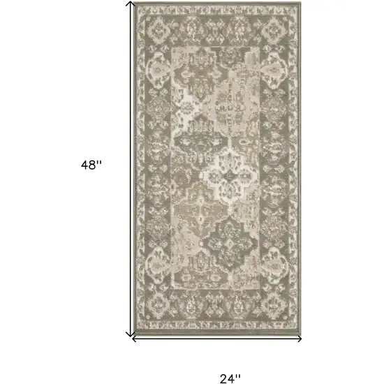 Green and Ivory Ogee Power Loom Distressed Area Rug Photo 3