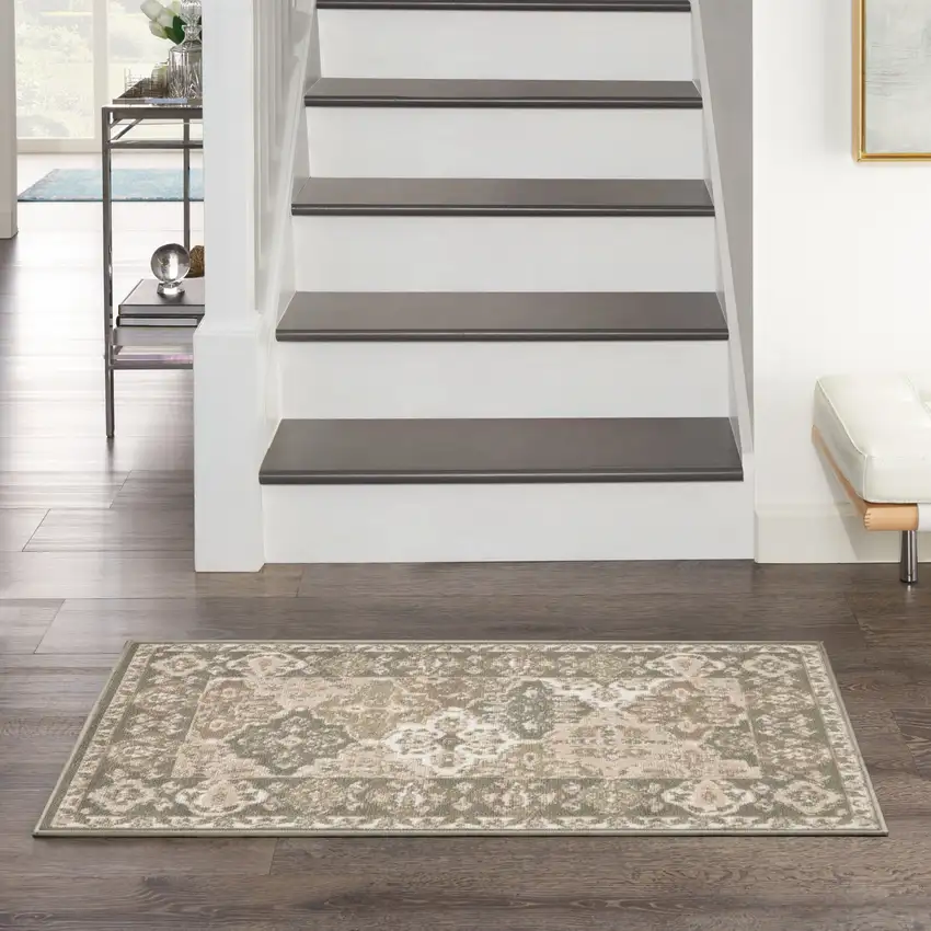Green and Ivory Ogee Power Loom Distressed Area Rug Photo 4