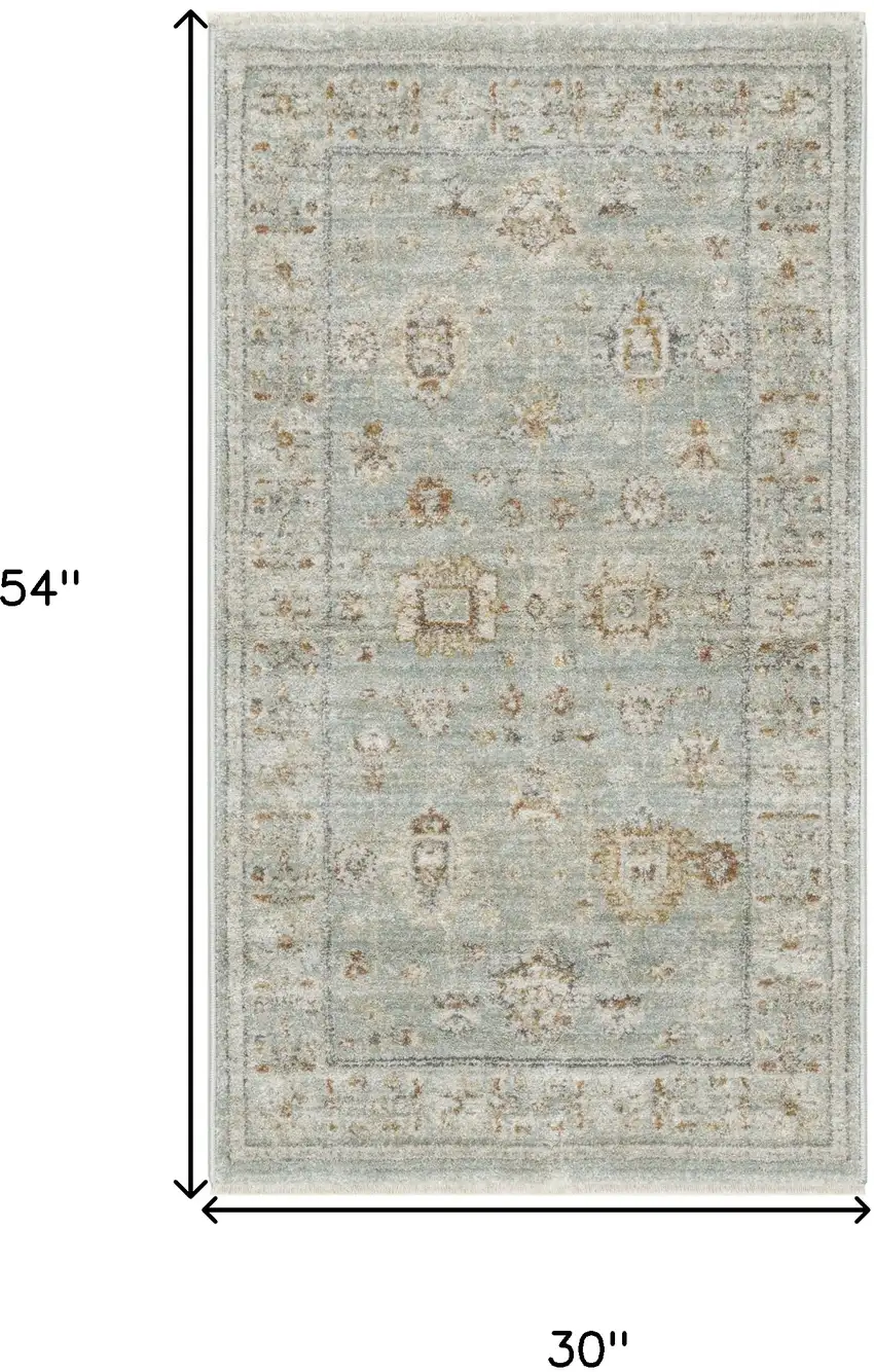 Green and Ivory Oriental Power Loom Distressed Area Rug With Fringe Photo 3