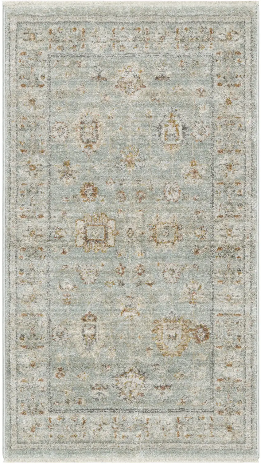Green and Ivory Oriental Power Loom Distressed Area Rug With Fringe Photo 2