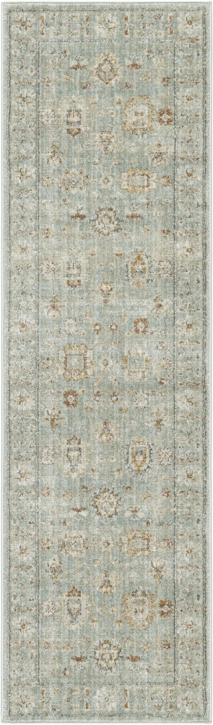 Green and Ivory Oriental Power Loom Distressed Runner Rug With Fringe Photo 2