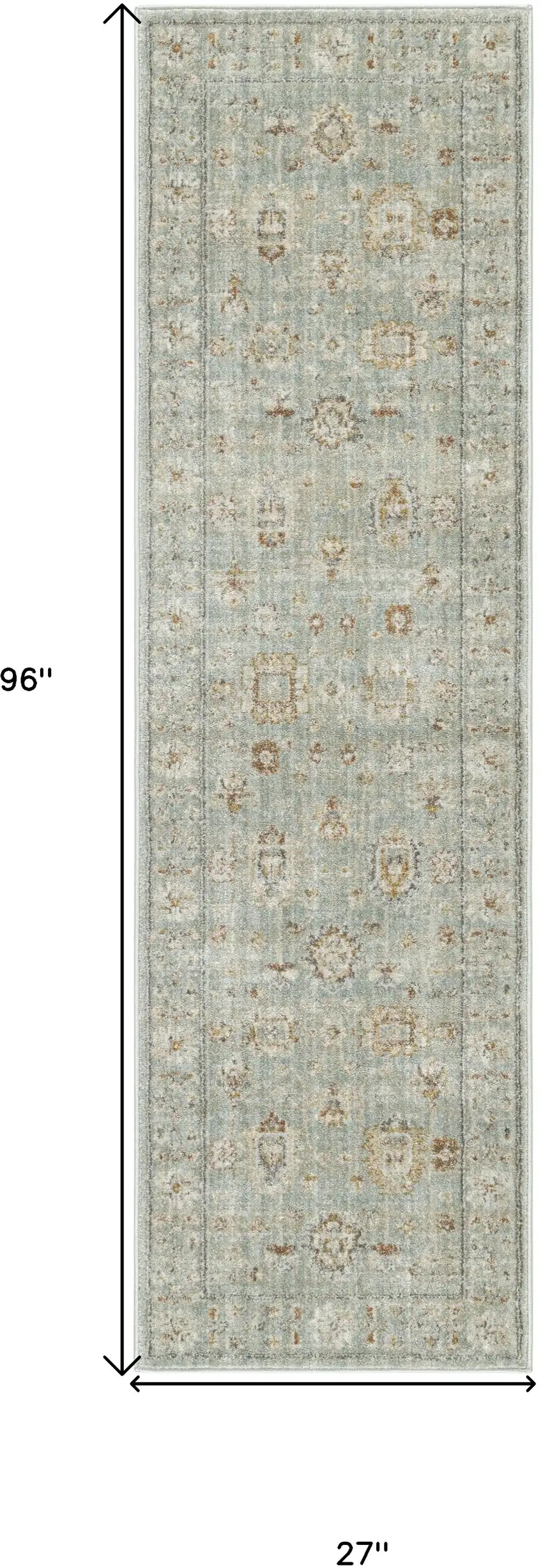 Green and Ivory Oriental Power Loom Distressed Runner Rug With Fringe Photo 3