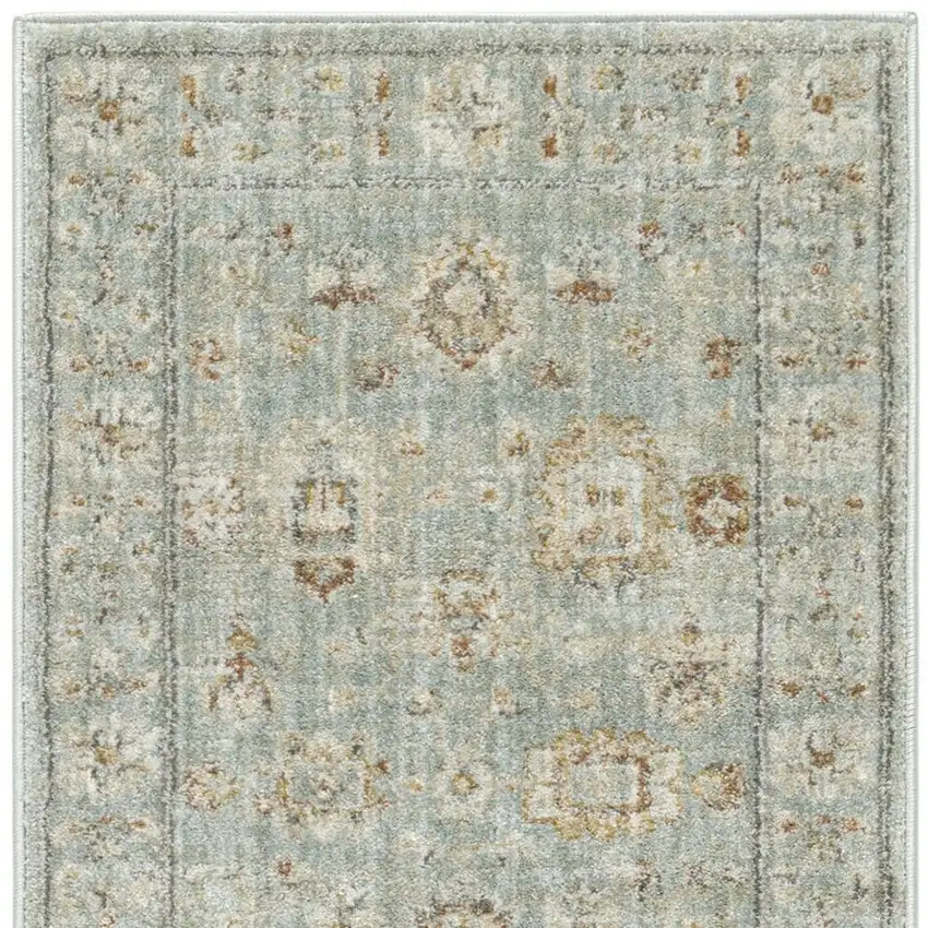 8' Green And Ivory Oriental Distressed Runner Rug With Fringe Photo 3