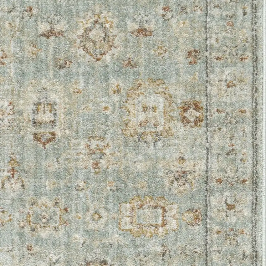 8' Green And Ivory Oriental Distressed Runner Rug With Fringe Photo 1