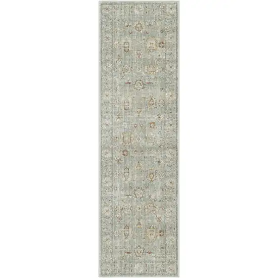 8' Green And Ivory Oriental Distressed Runner Rug With Fringe Photo 4