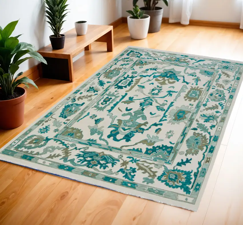 Green and Ivory Wool Floral Hand Knotted Area Rug With Fringe Photo 1
