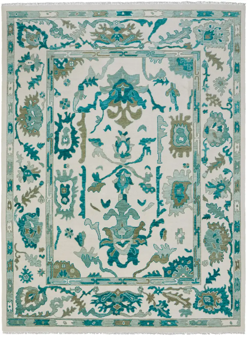Green and Ivory Wool Floral Hand Knotted Area Rug With Fringe Photo 2