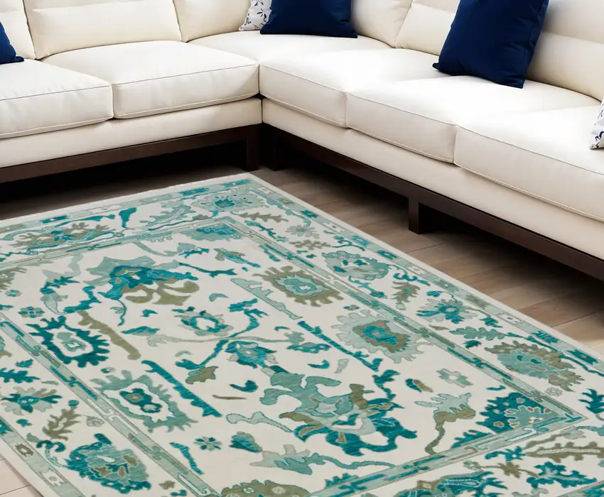 Green and Ivory Wool Floral Hand Knotted Area Rug With Fringe Photo 1