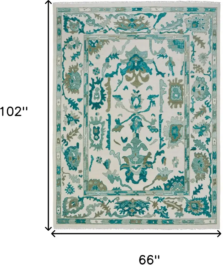 Green and Ivory Wool Floral Hand Knotted Area Rug With Fringe Photo 3