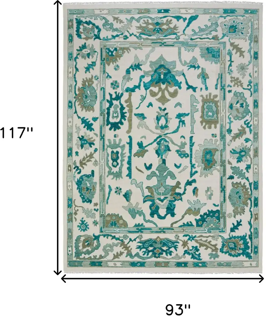 Green and Ivory Wool Floral Hand Knotted Area Rug With Fringe Photo 3