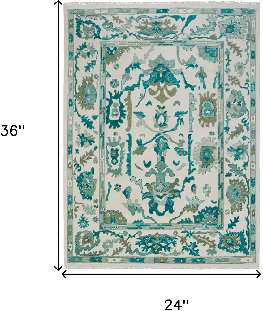 Green and Ivory Wool Floral Hand Knotted Area Rug With Fringe Photo 8