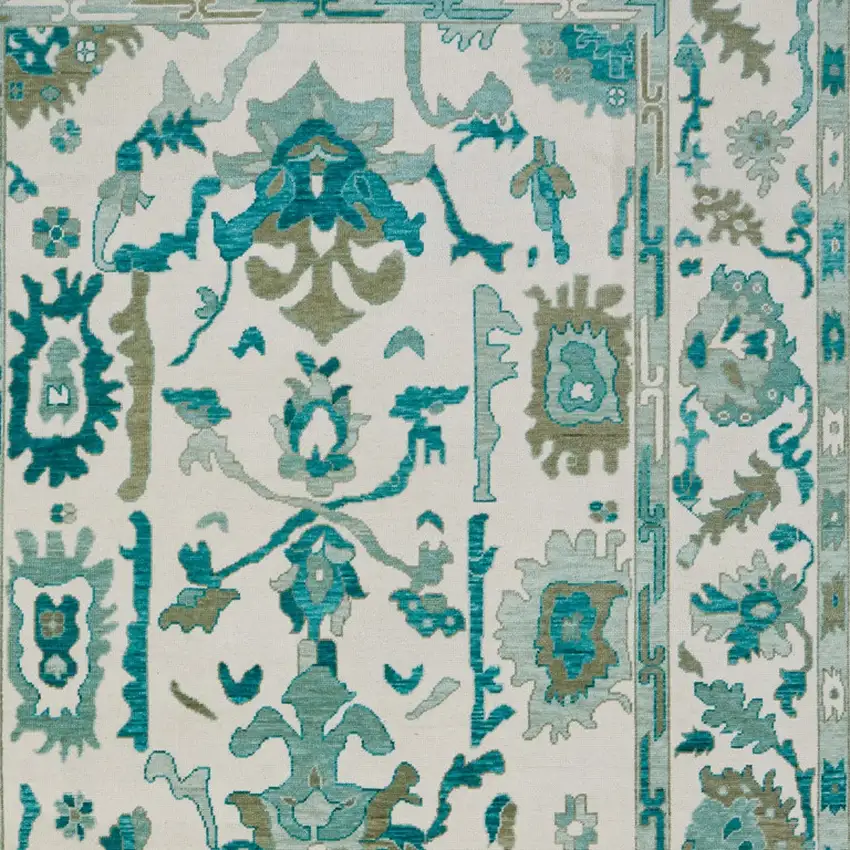 Green and Ivory Wool Floral Hand Knotted Area Rug With Fringe Photo 5