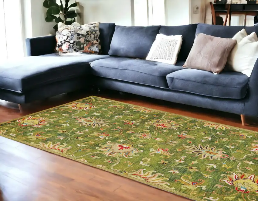 Green and Ivory Wool Floral Handmade Area Rug Photo 1