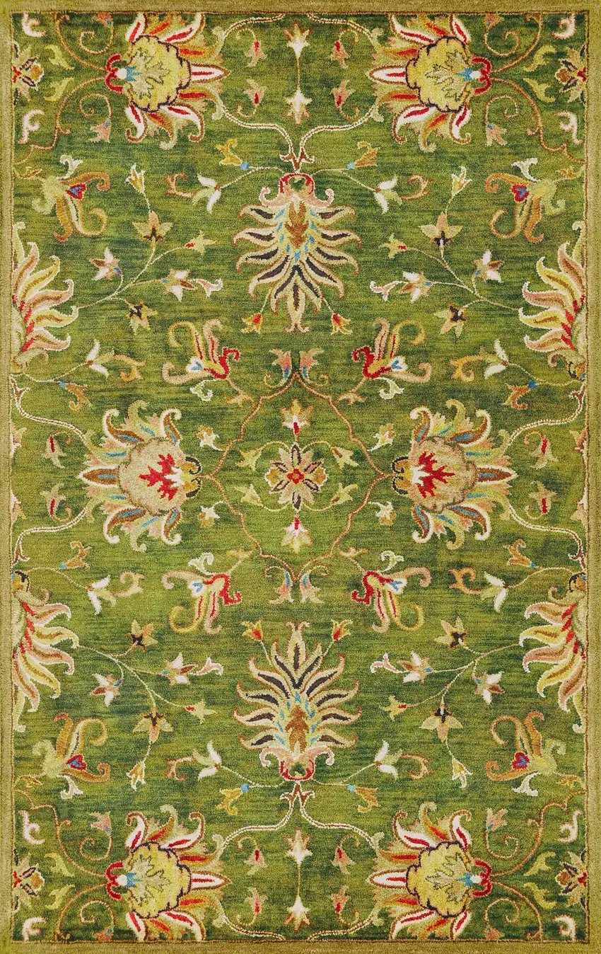 Green and Ivory Wool Floral Handmade Area Rug Photo 1