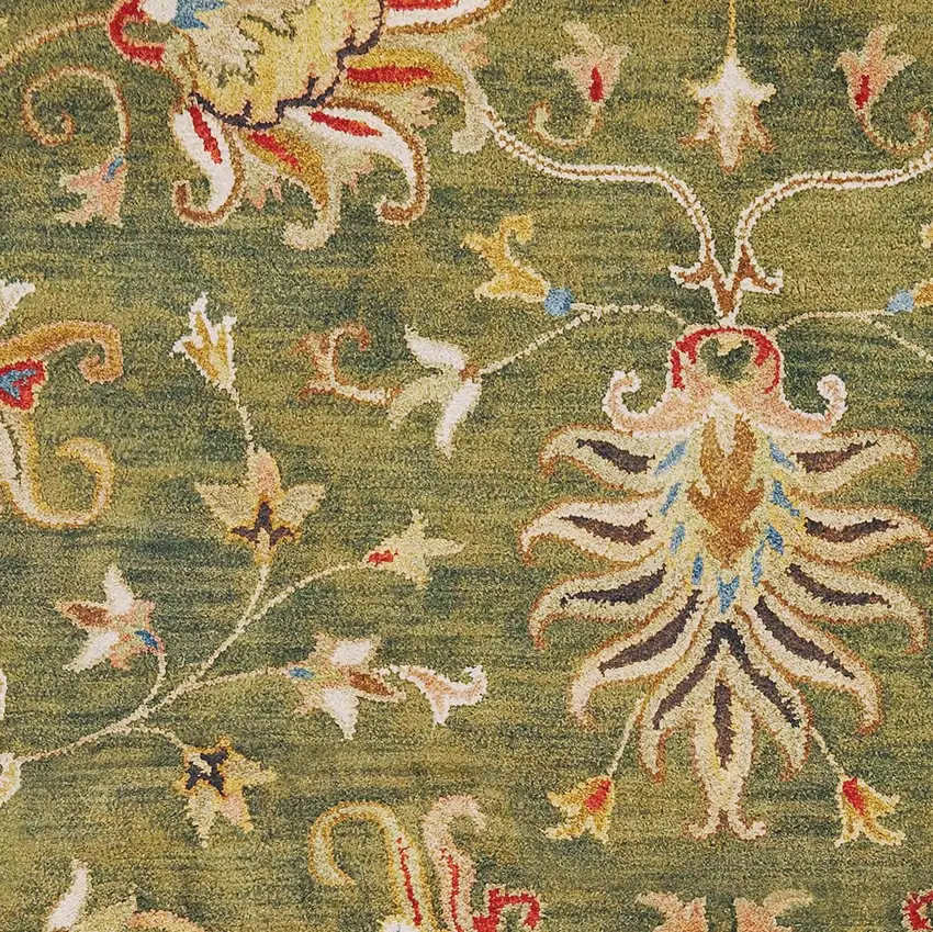 Green and Ivory Wool Floral Handmade Area Rug Photo 3