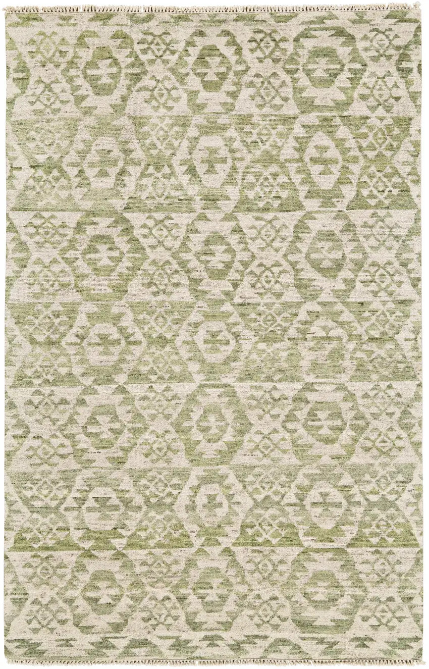 Green and Ivory Wool Southwestern Hand Knotted Area Rug Photo 4
