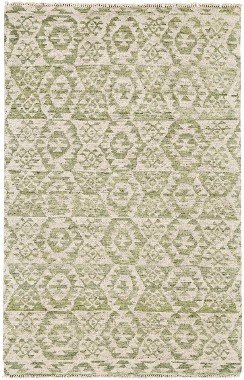 Green and Ivory Wool Southwestern Hand Knotted Area Rug Photo 5