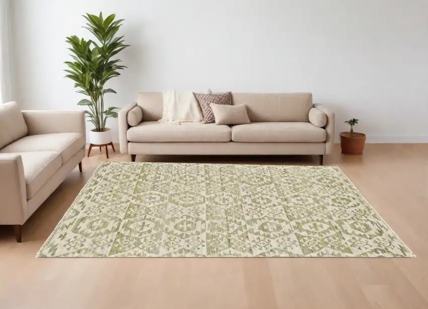 Green and Ivory Wool Southwestern Hand Knotted Area Rug Photo 1