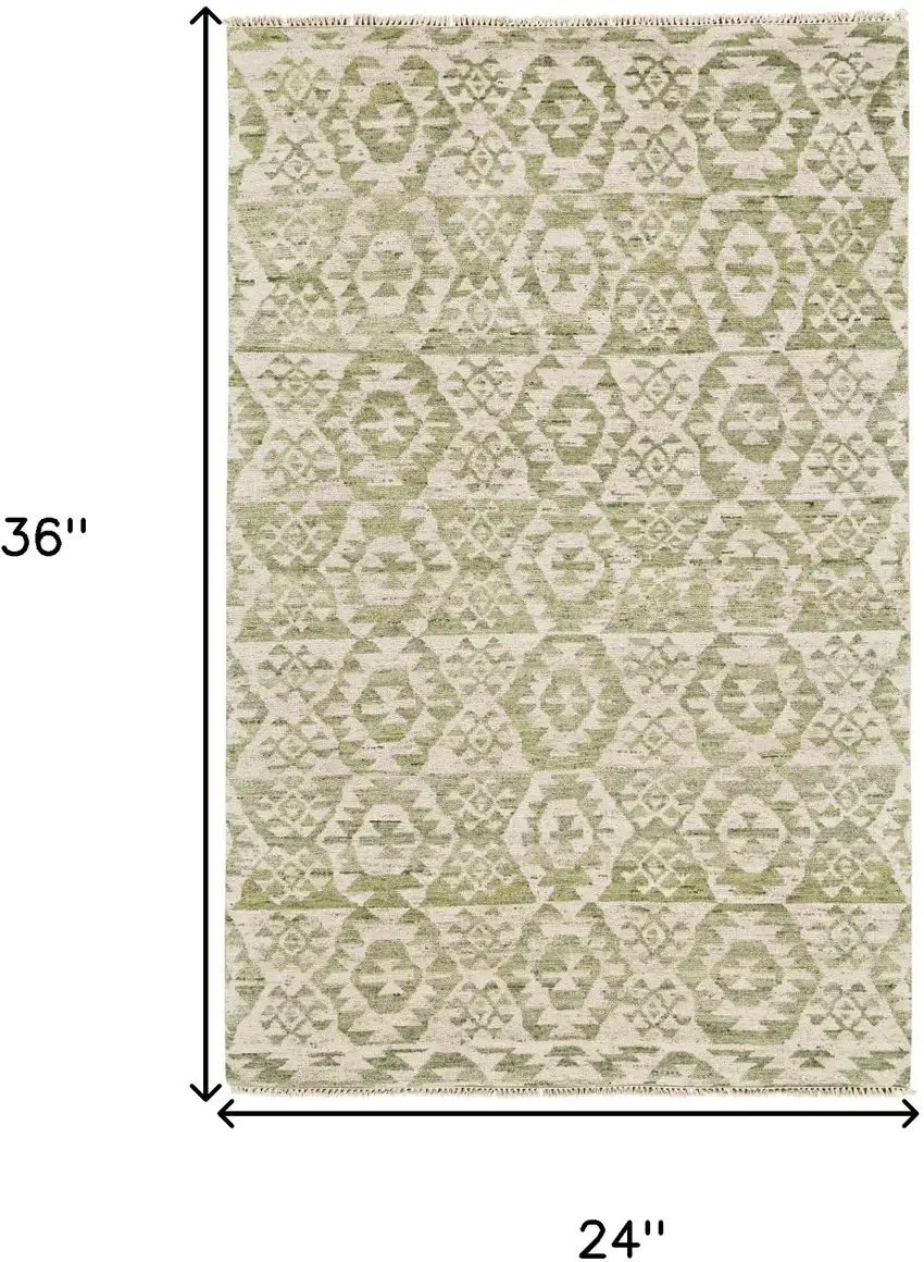 Green and Ivory Wool Southwestern Hand Knotted Area Rug Photo 3