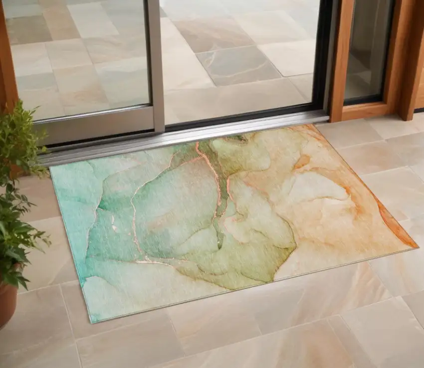 Green and Pink Abstract Washable Non Skid Indoor Outdoor Area Rug Photo 1