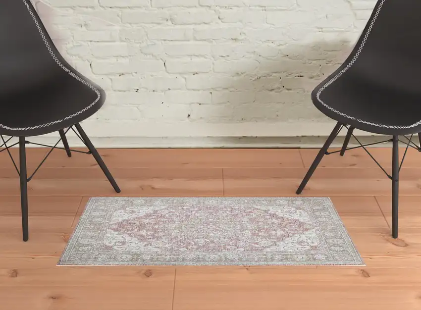 Green and Pink Medallion Power Loom Distressed Area Rug Photo 2