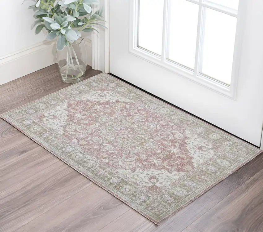 Sage and Coral Pink Medallion Power Loom Worn Faded Area Rug Photo 1