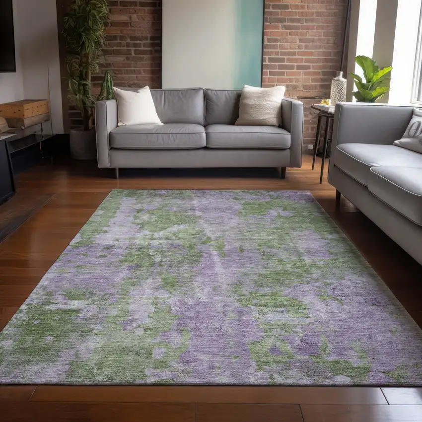 Green and Purple Abstract Washable Non Skid Indoor Outdoor Area Rug Photo 8