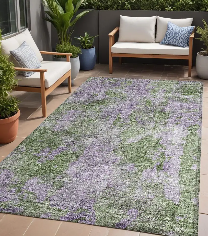 Green and Purple Abstract Washable Non Skid Indoor Outdoor Area Rug Photo 1