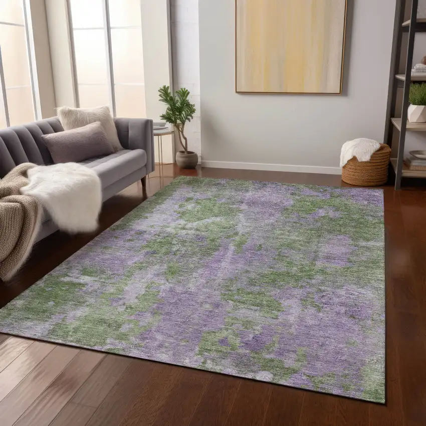 Green and Purple Abstract Washable Non Skid Indoor Outdoor Area Rug Photo 9
