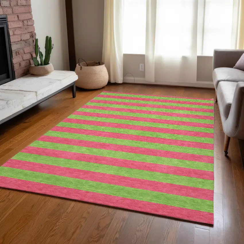 Green and Red Striped Washable Non Skid Indoor Outdoor Area Rug Photo 9