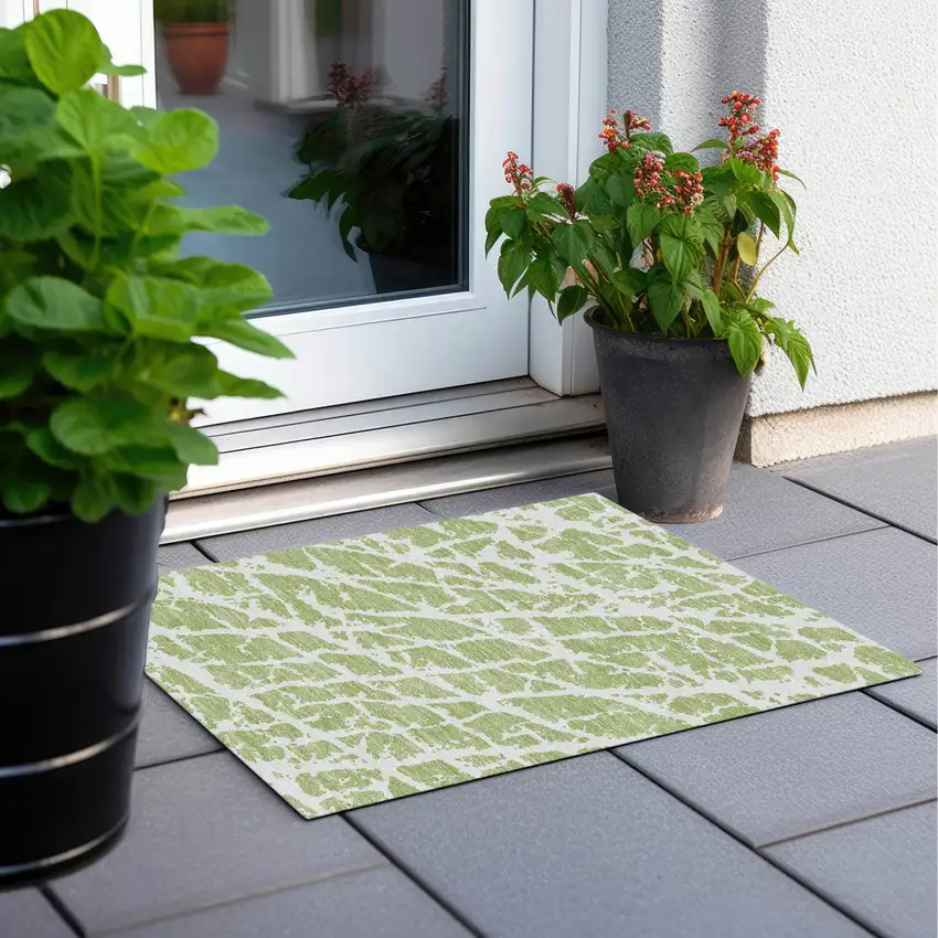 Green and White Abstract Washable Non Skid Indoor Outdoor Area Rug Photo 8