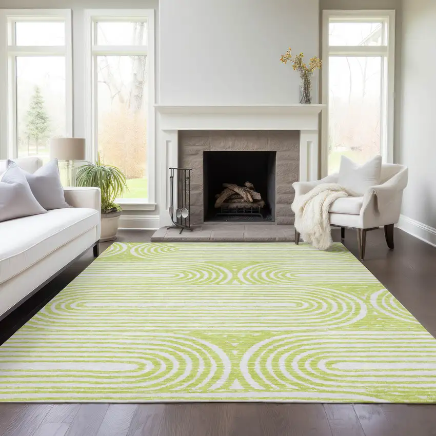 Green and White Abstract Washable Non Skid Indoor Outdoor Area Rug Photo 9