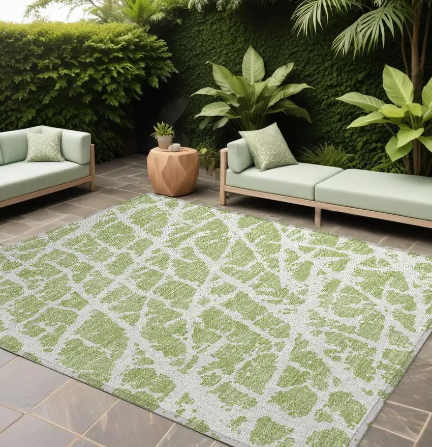 Green and White Abstract Washable Non Skid Indoor Outdoor Area Rug Photo 1
