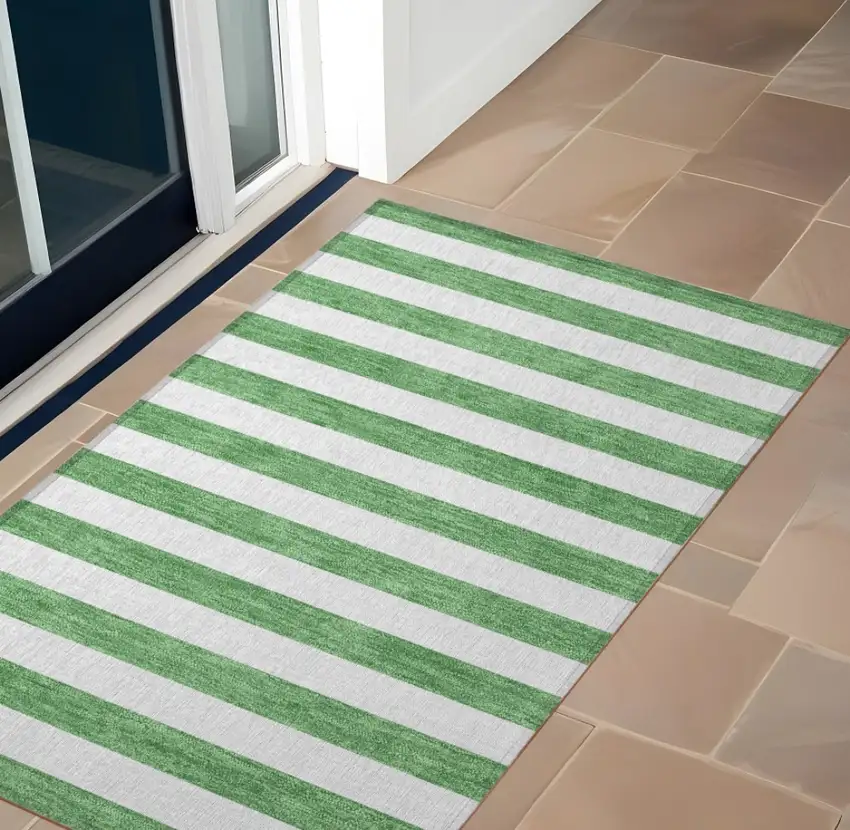 Green and White Striped Washable Indoor Outdoor Area Rug Photo 1