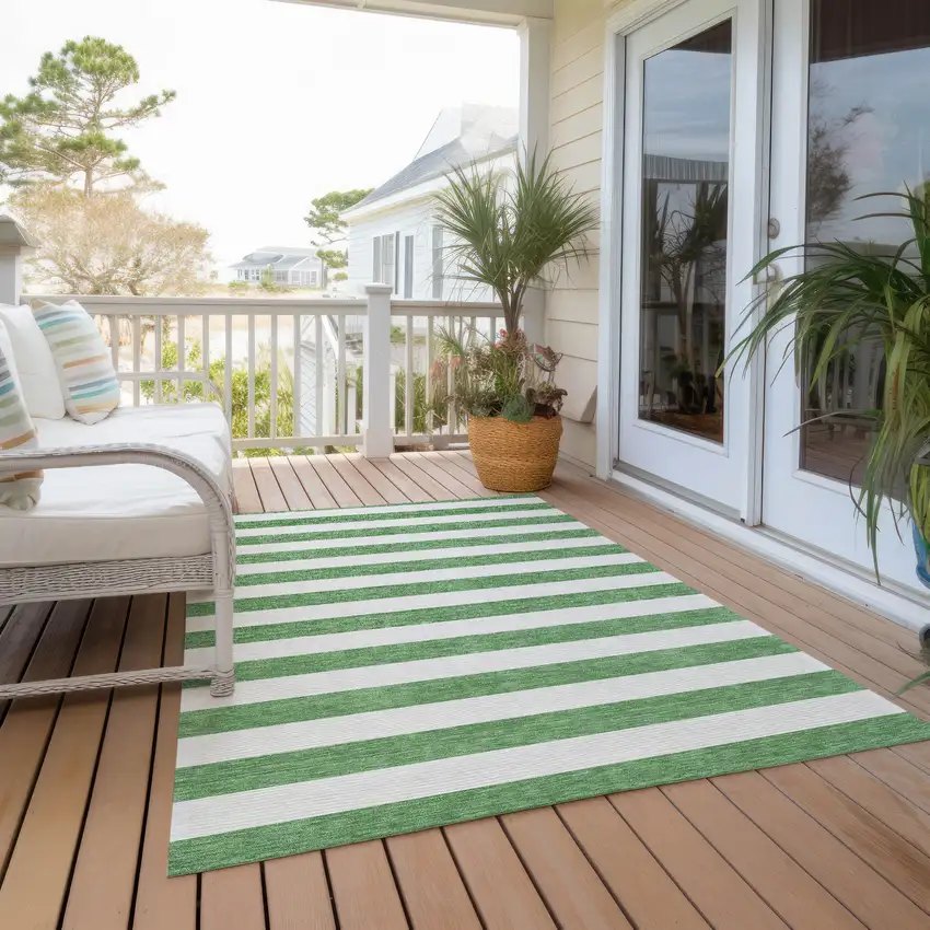 Green and White Striped Washable Indoor Outdoor Area Rug Photo 7