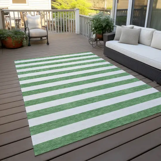 Green and White Striped Washable Non Skid Indoor Outdoor Area Rug Photo 9