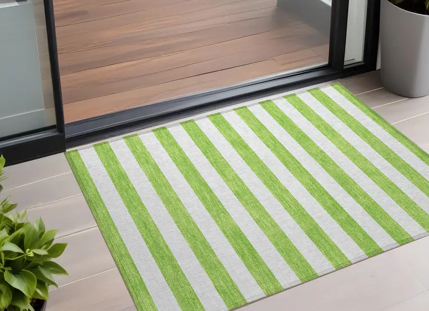 Lime Green and White Striped Washable Indoor Outdoor Area Rug Photo 1