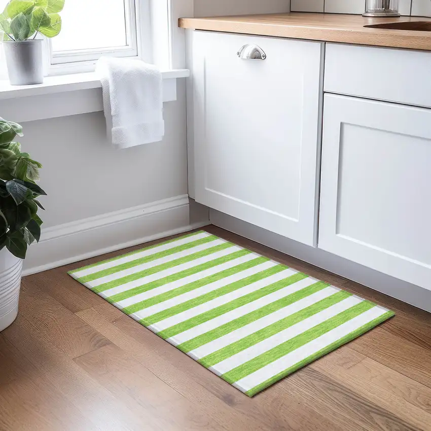 Lime Green and White Striped Washable Indoor Outdoor Area Rug Photo 8